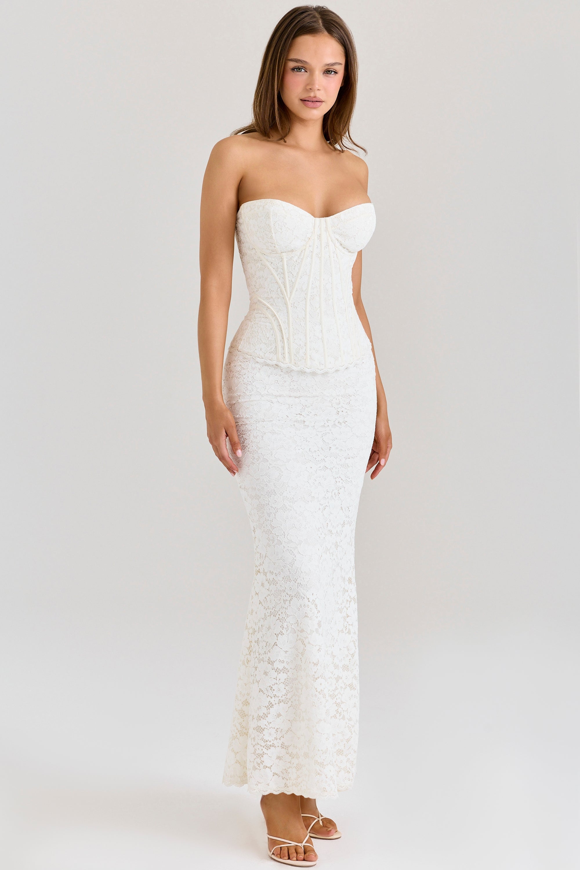 ivory lace corset maxi dress