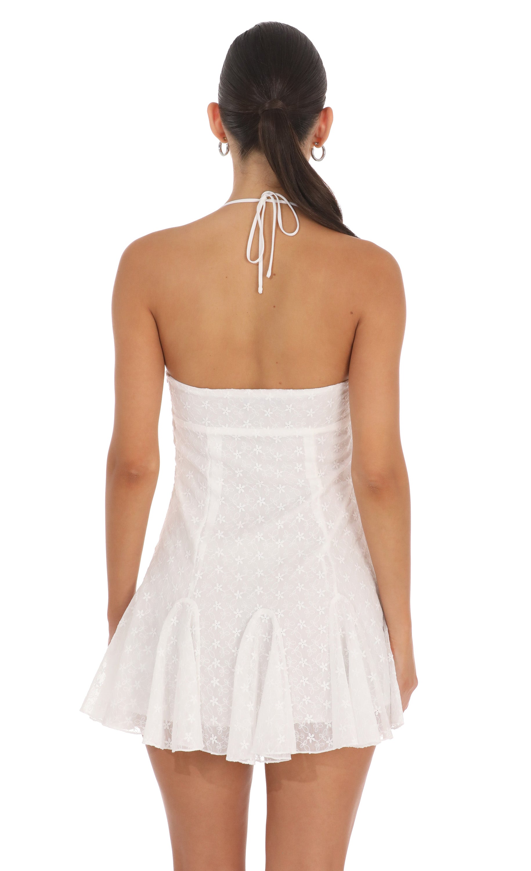 Embroidered Floral Flared Mini Dress in White