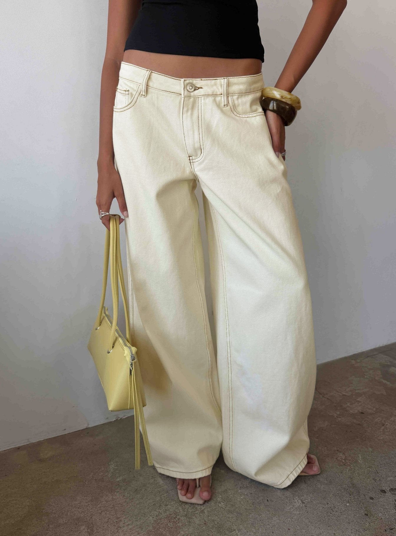 Ramos Low Rise Wide Leg Jeans Cream