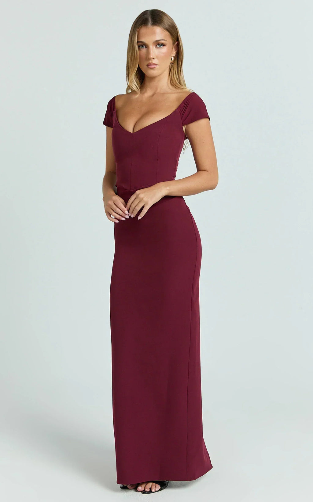 Veronika Maxi Dress - Off Shoulder Plunge High Split Dress in Wine