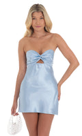 Satin Strapless Twist Cutout Dress in Light Blue