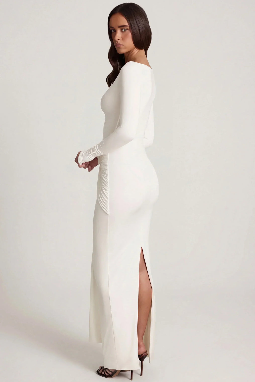 Soft Jersey Boat-Neck Tie-Gather Maxi Dress in White