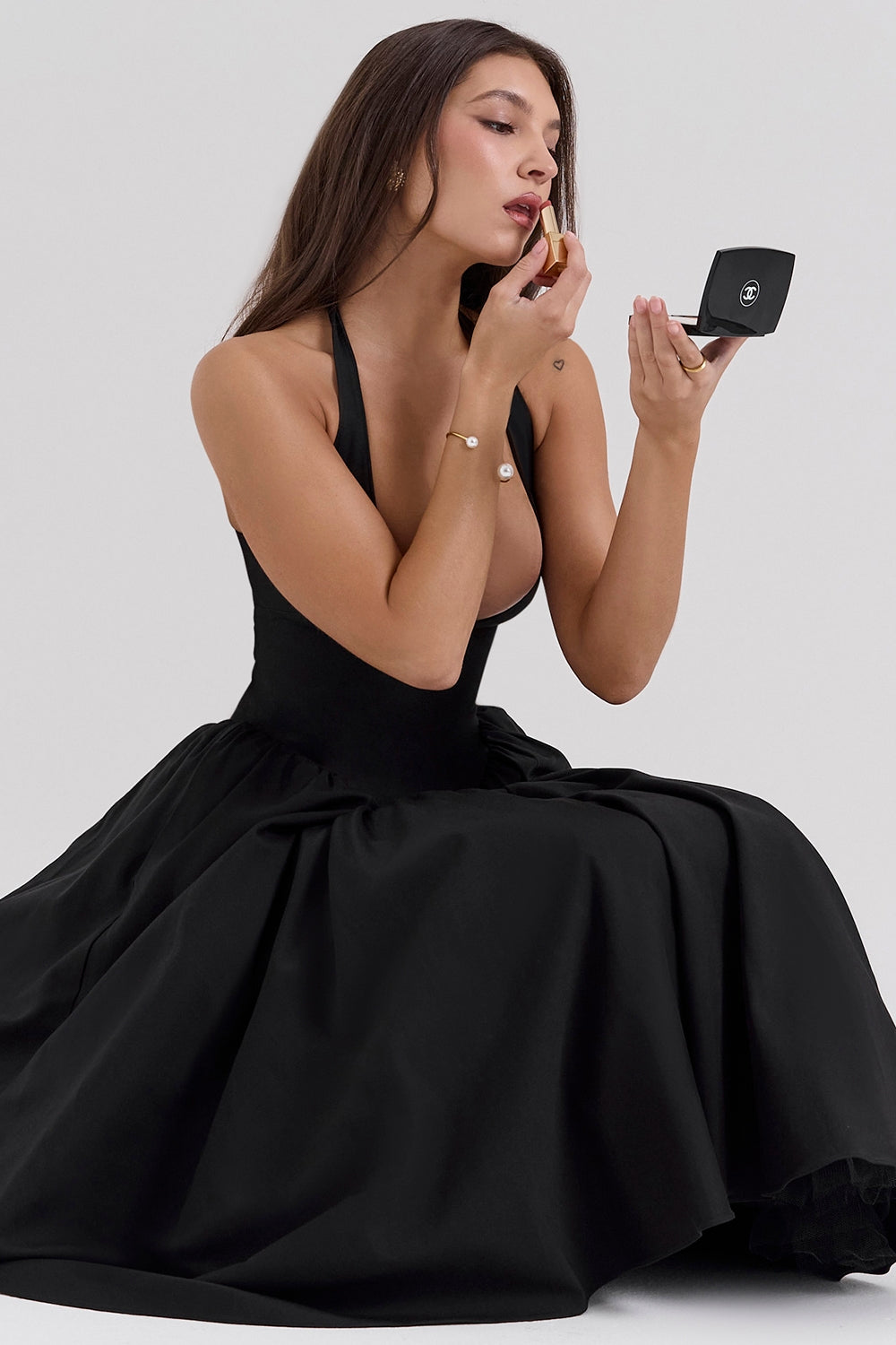 black twill halter midi dress
