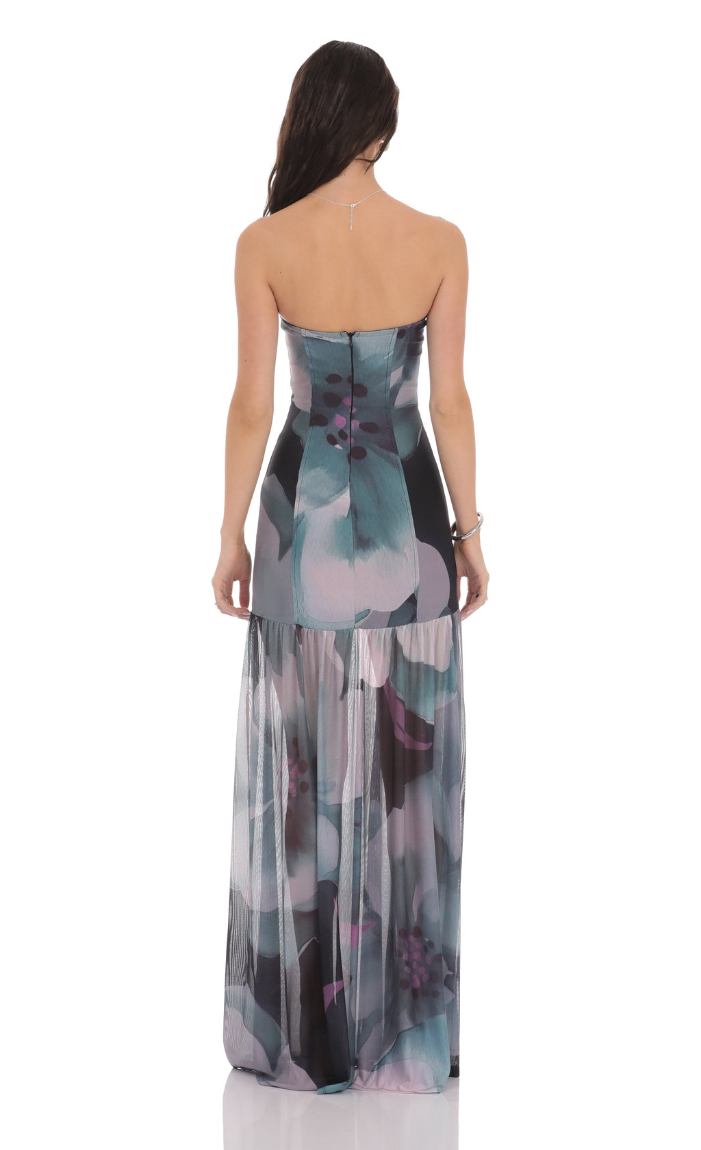 Floral Mesh Strapless Maxi Dress in Navy