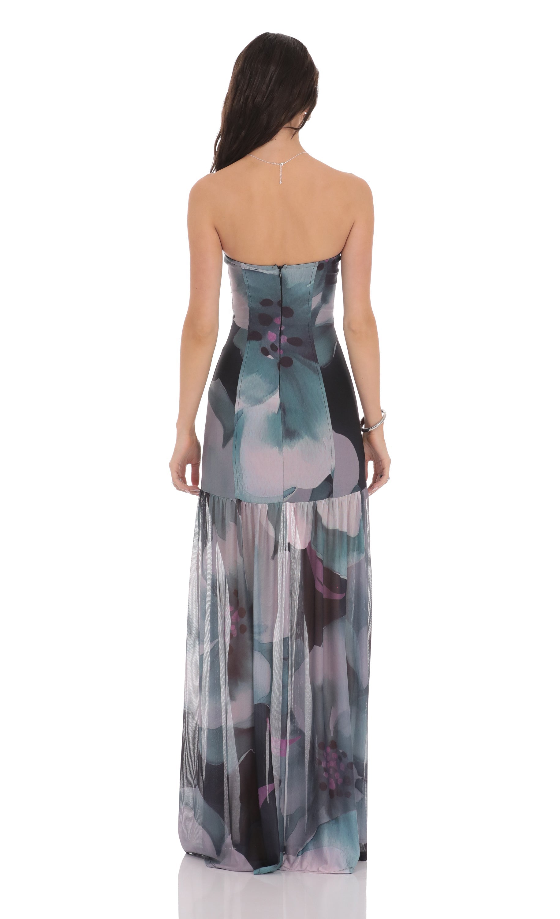 Floral Mesh Strapless Maxi Dress in Navy