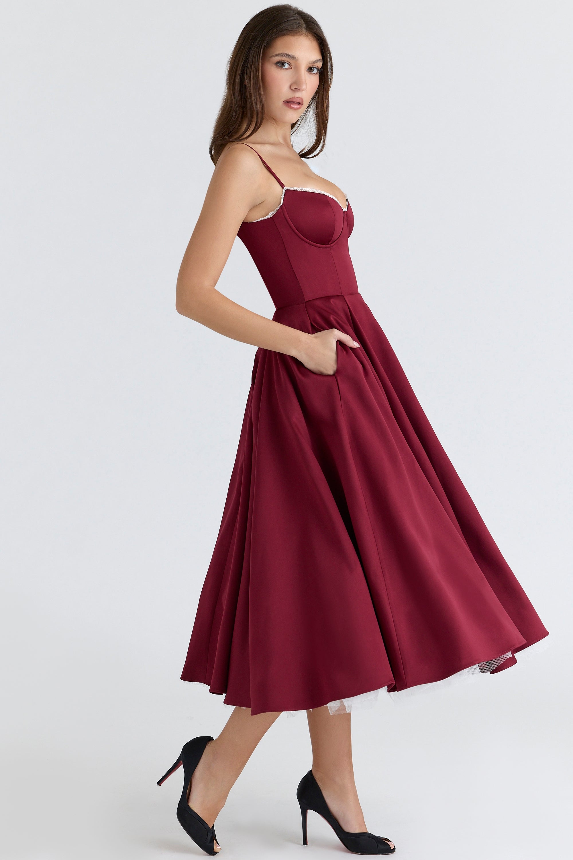 wine satin tulle midi dress