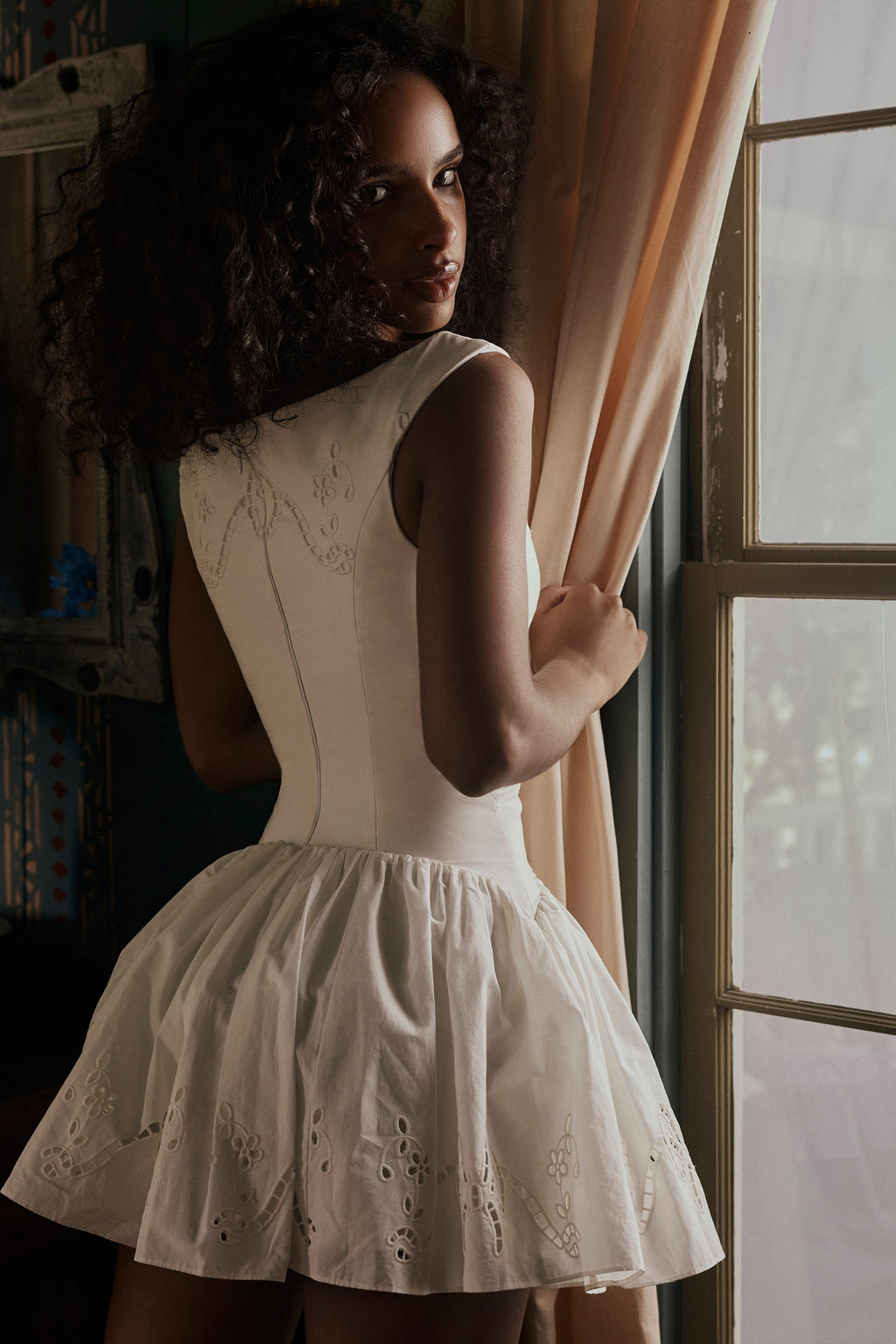 white cotton broderie anglaise boat neck mini dress