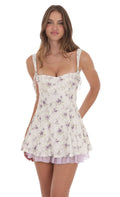 Textured Floral Purple Ruffle Dress in White