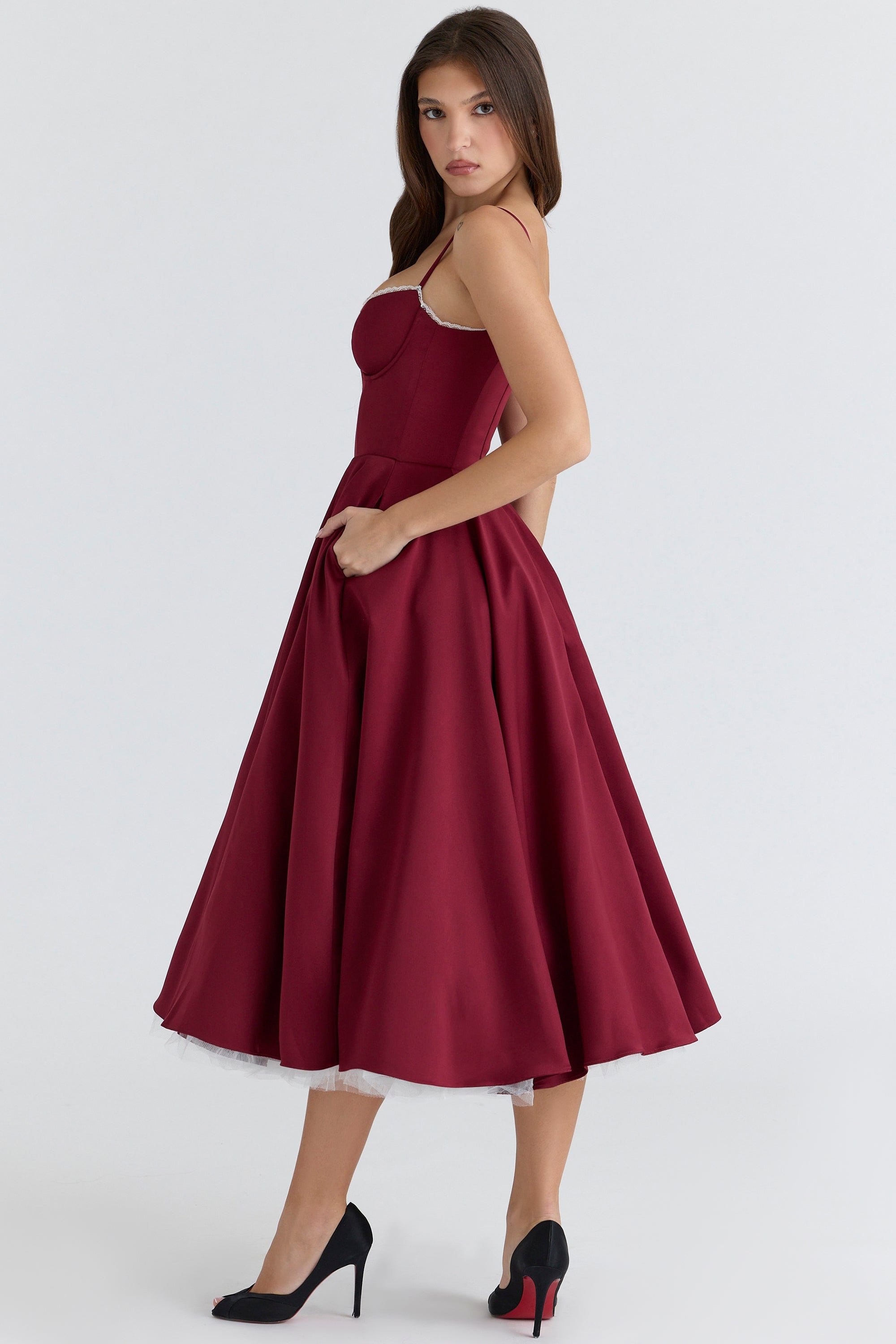 wine satin tulle midi dress