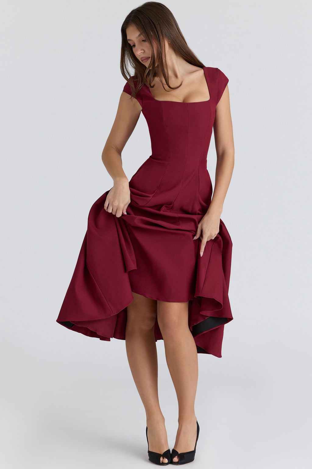 wine lace back twill midi dress