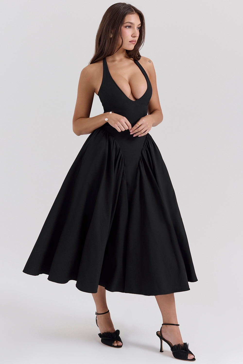 black twill halter midi dress