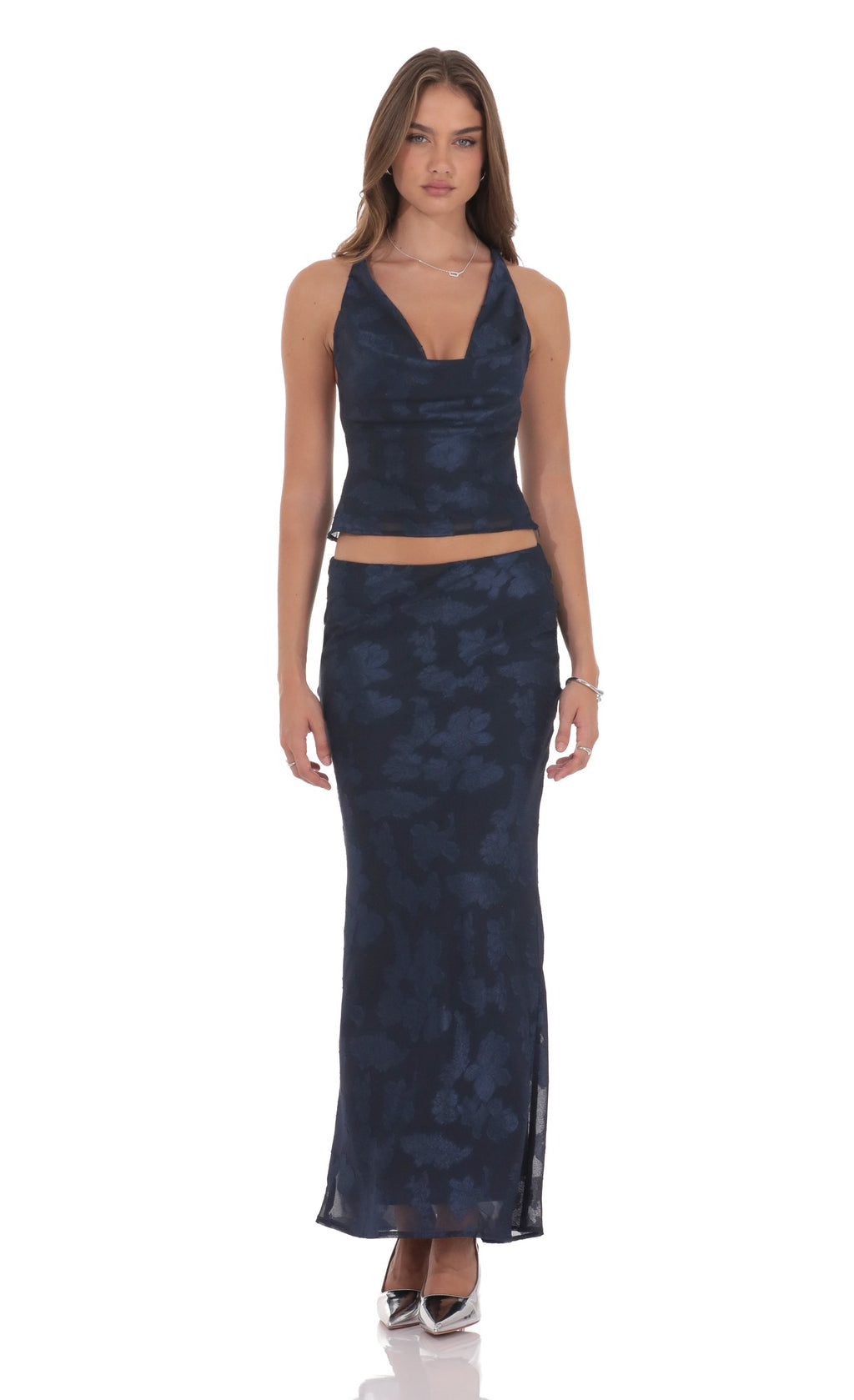 Floral Cowl Neck Halter Top in Navy