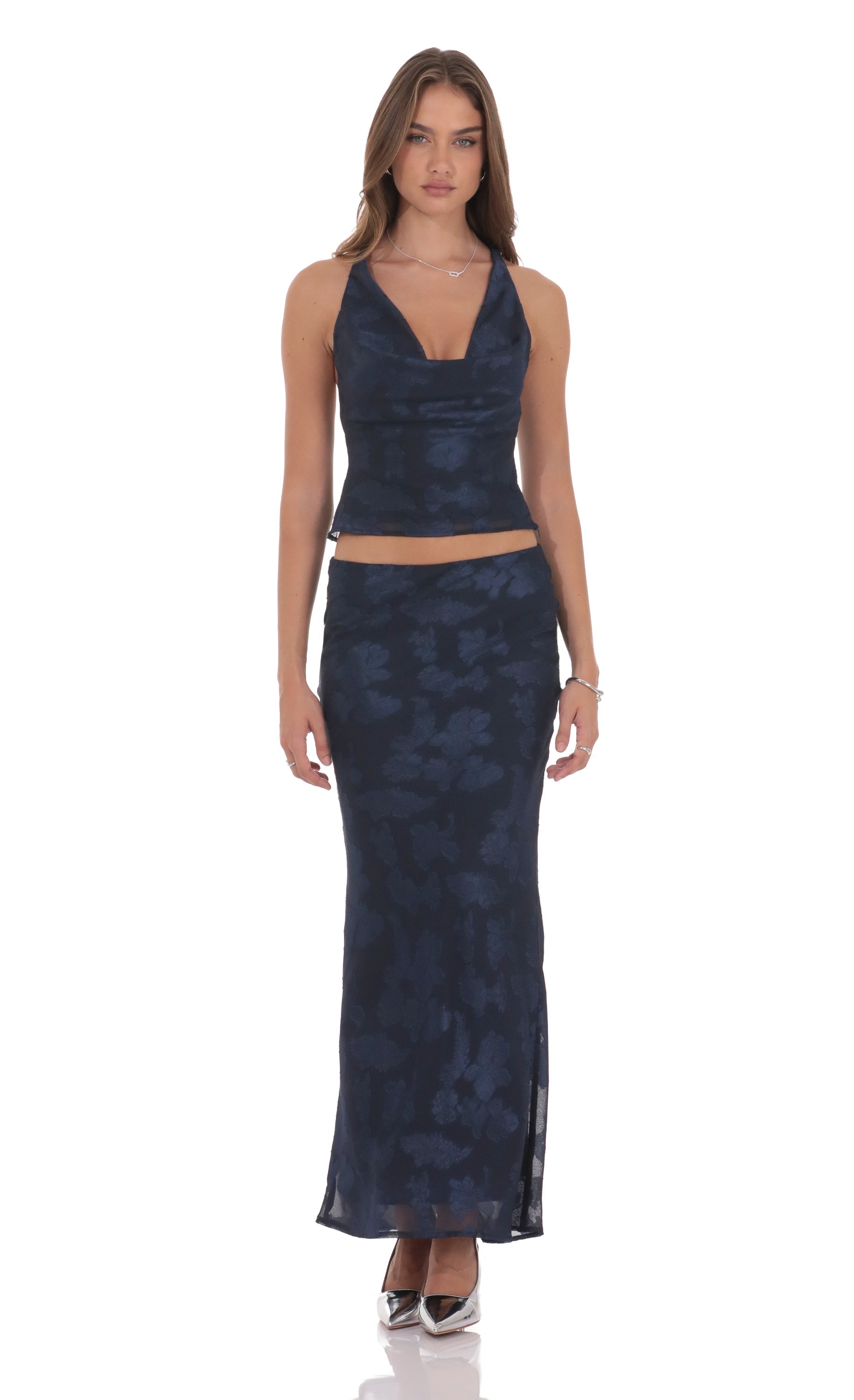 Floral Cowl Neck Halter Top in Navy