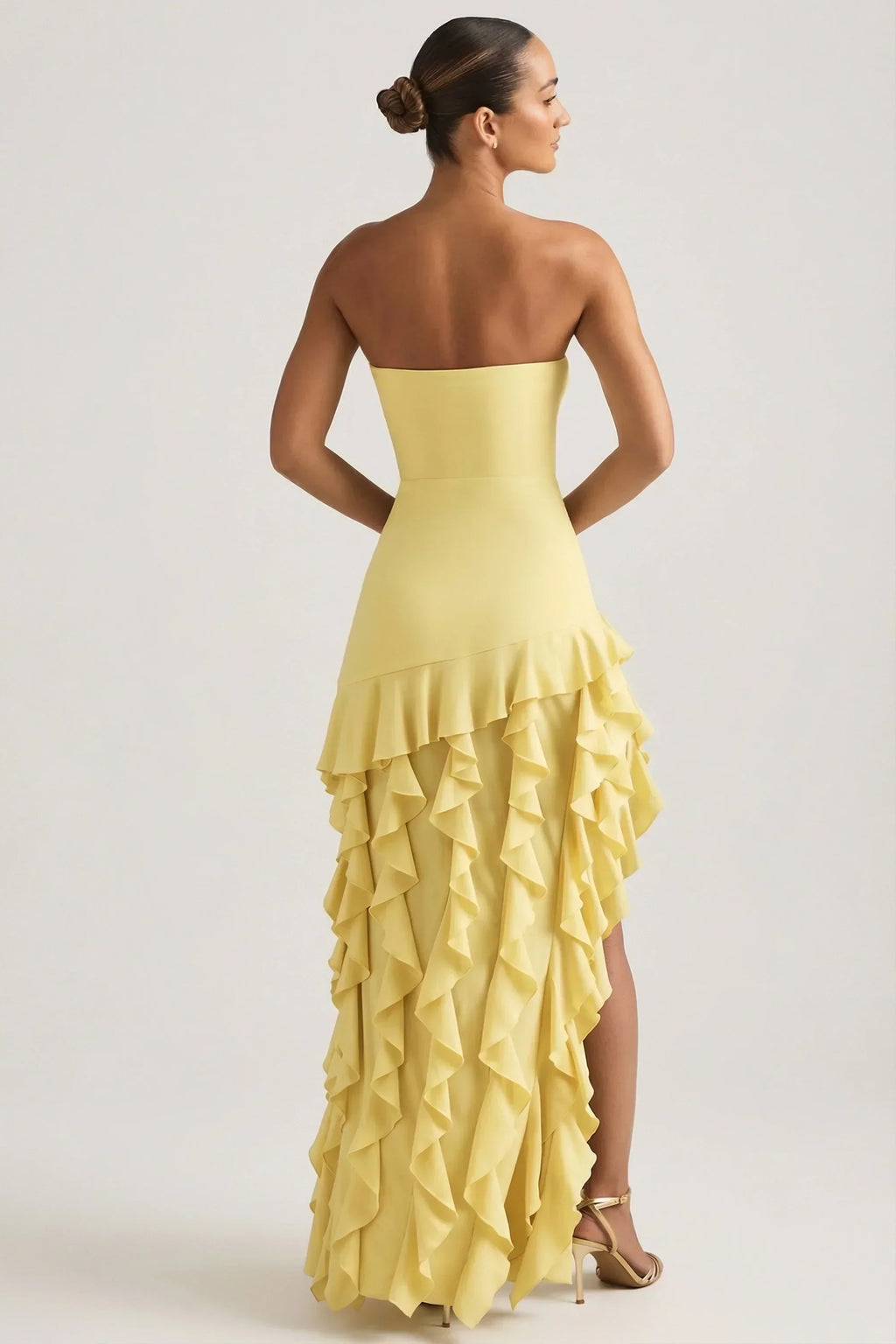 Ruffle-Trim Strapless Gown in Pastel Yellow
