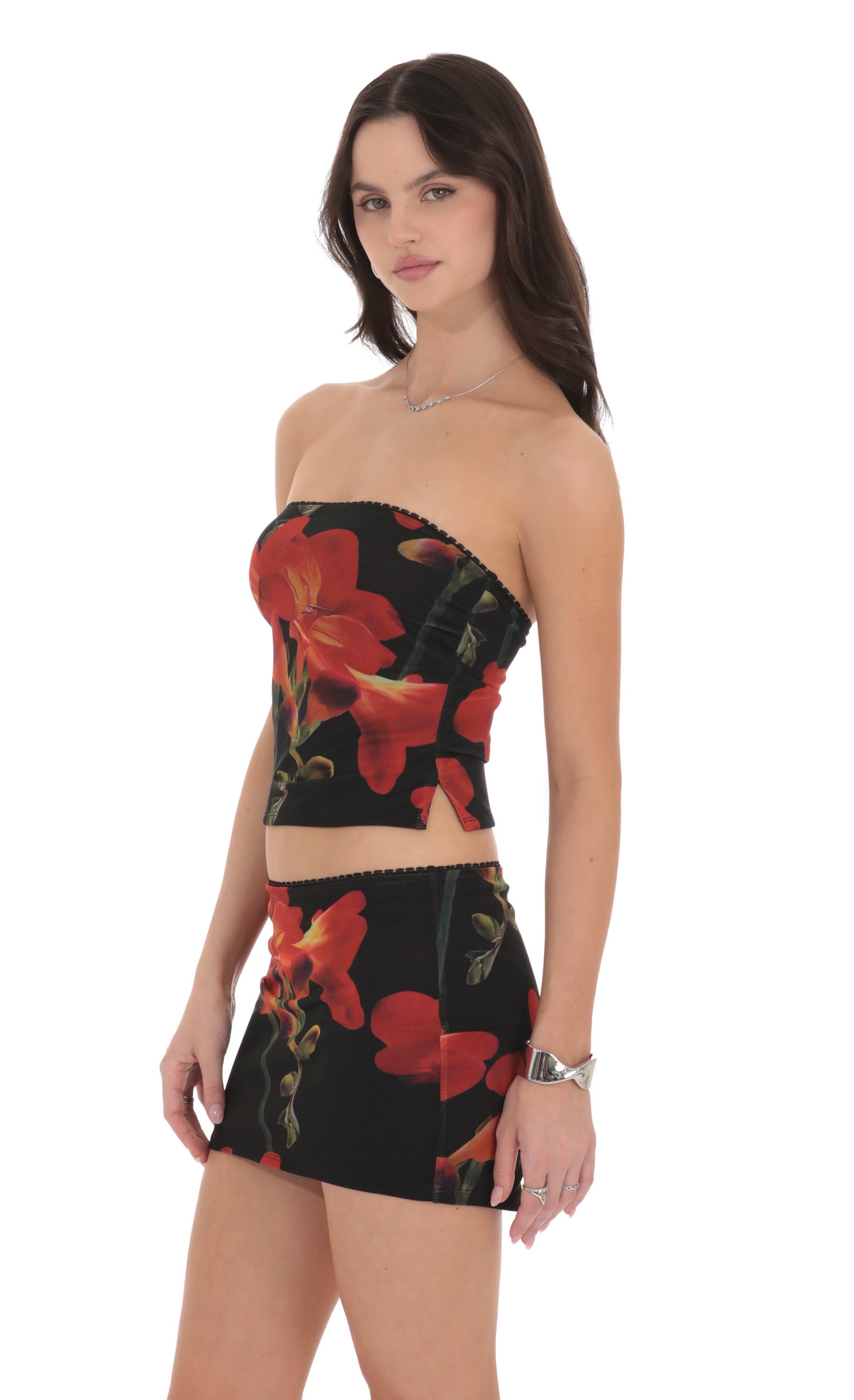 Mesh Floral Tube Top in Black