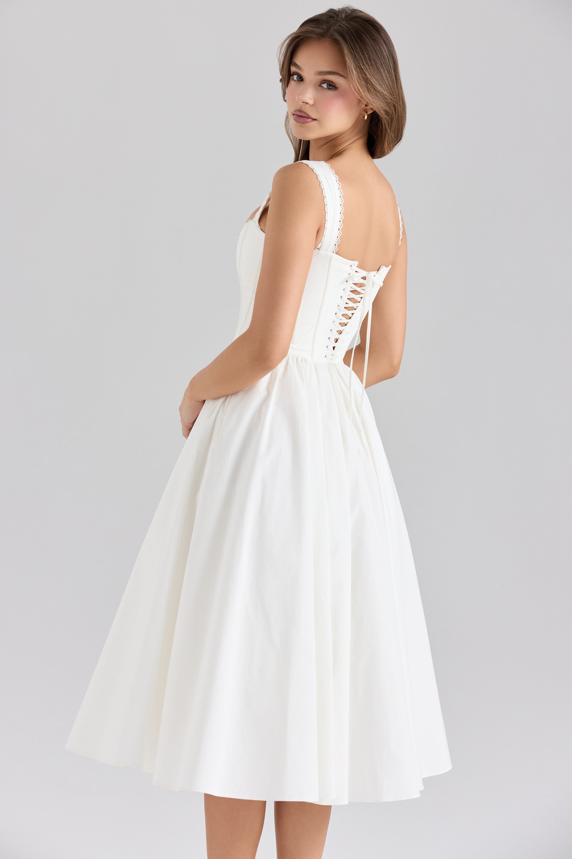 white stretch cotton corset midi dress