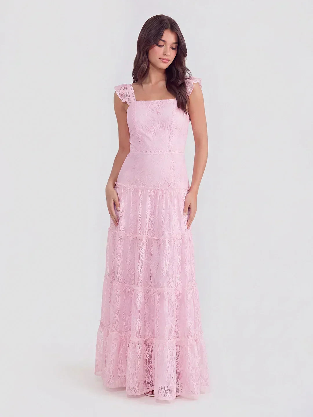 Tiered Vertical Lace Maxi Dress With Square Neckline