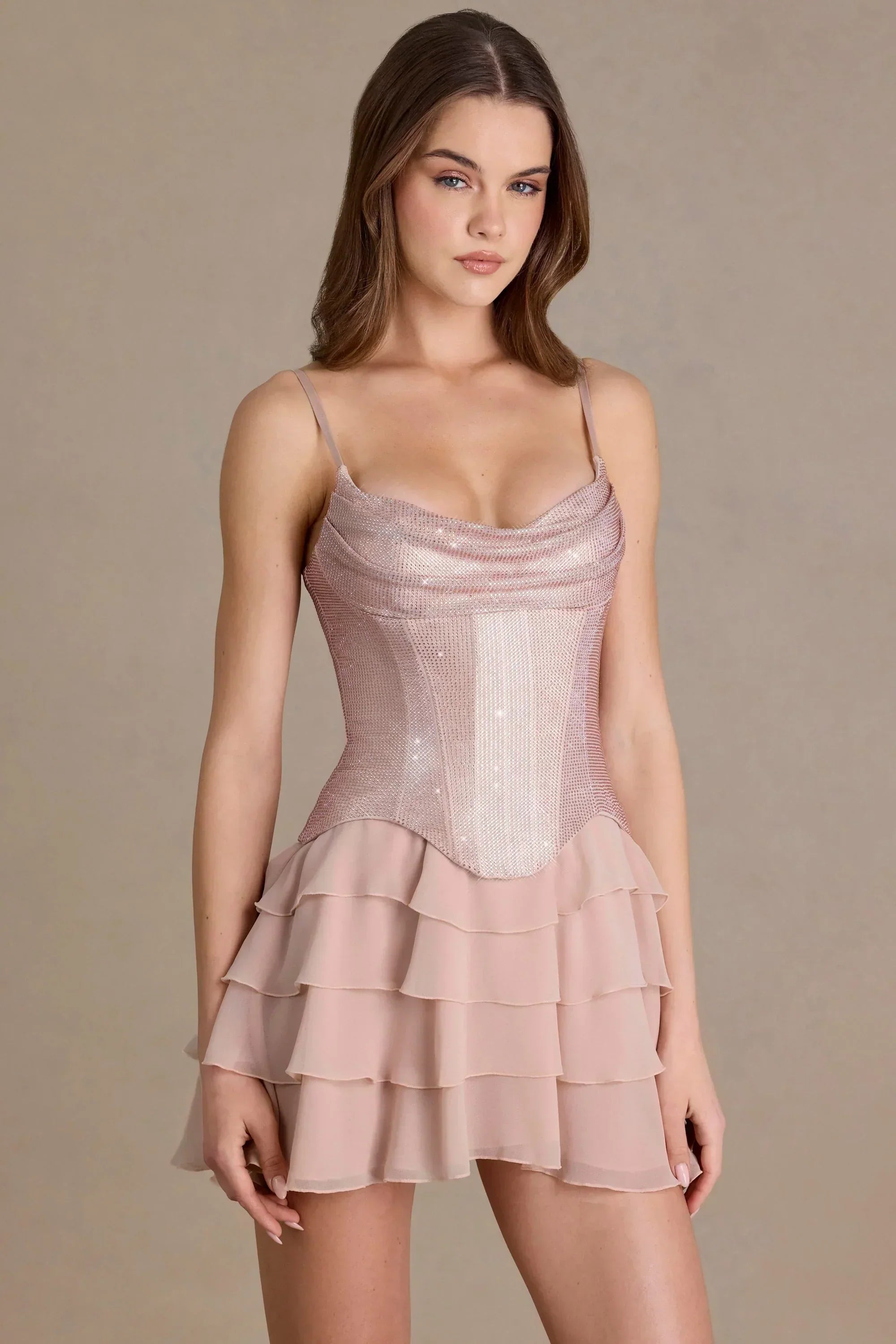 Premium Embellished Corset Mini Dress in Beige Gold
