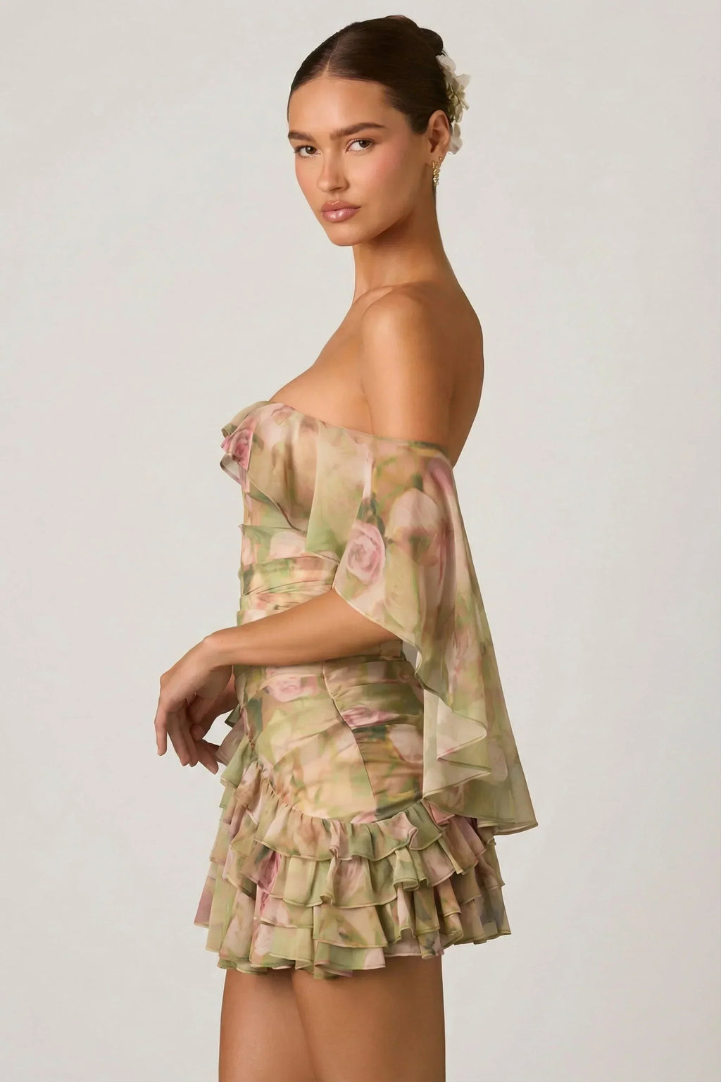 Off-Shoulder Ruffled Mini Dress in Floral Multi Print