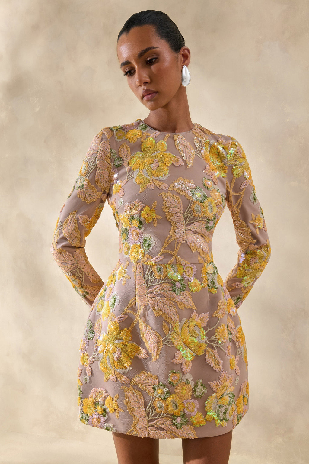 Merdia | Yellow Embellished Floral Crew-Neck Mini Dress