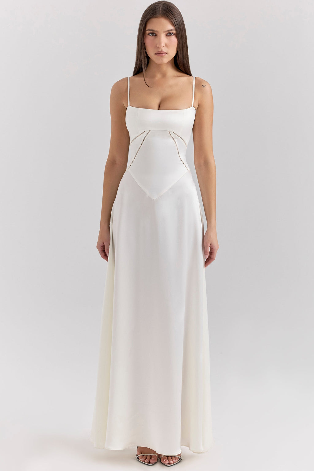 ivory satin lace up maxi dress