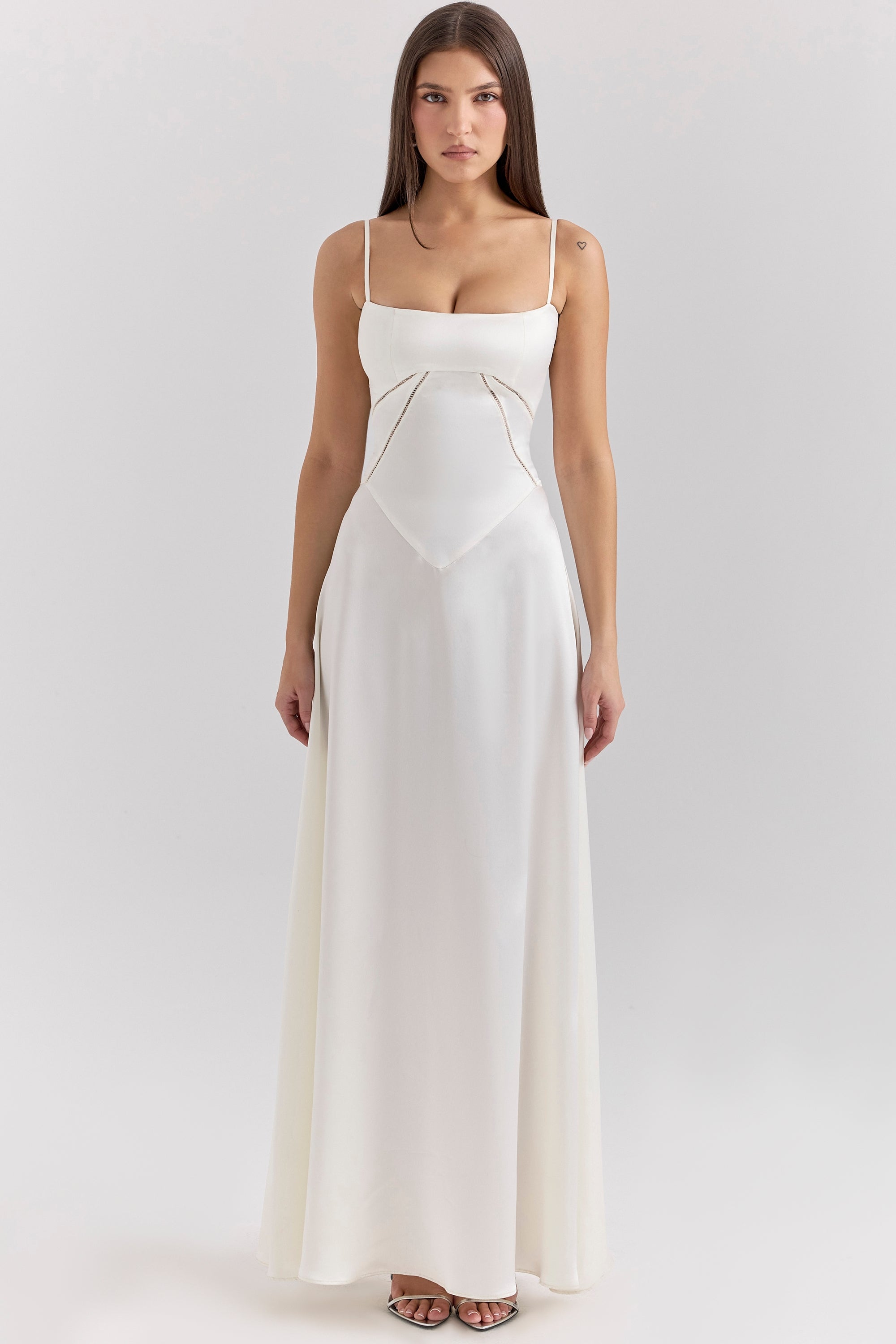 ivory satin lace up maxi dress