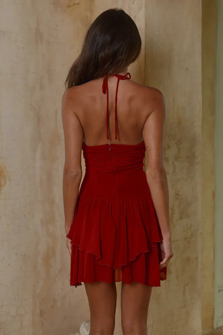 CLARA HALTER RUFFLE MINI DRESS - CHERRY