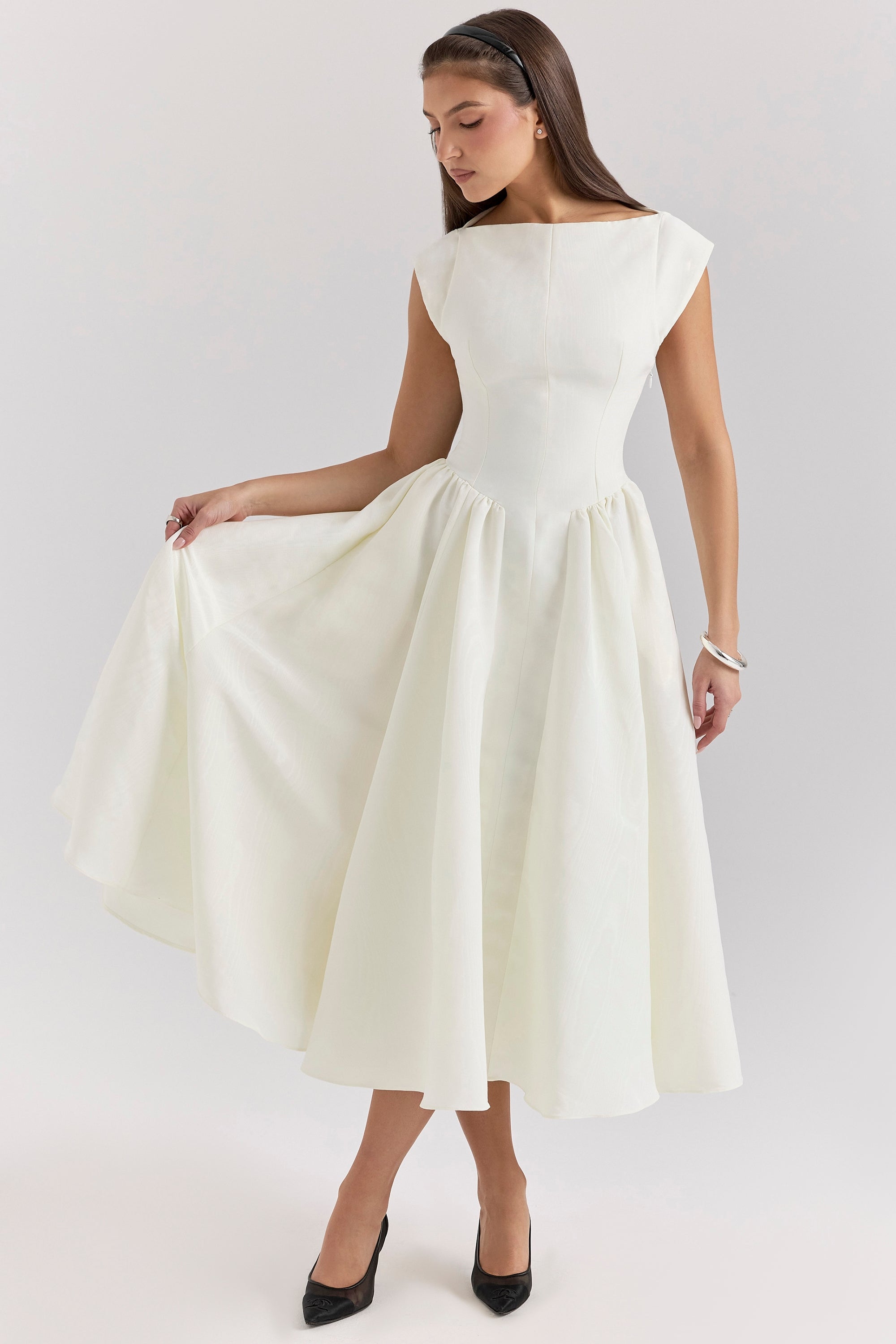 ivory moire satin midi dress