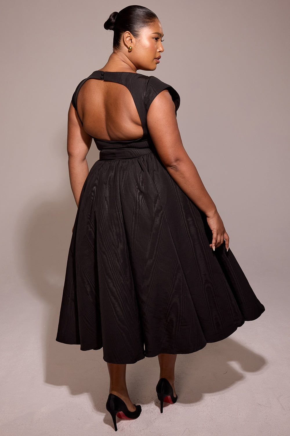 black moire satin backless midi dress