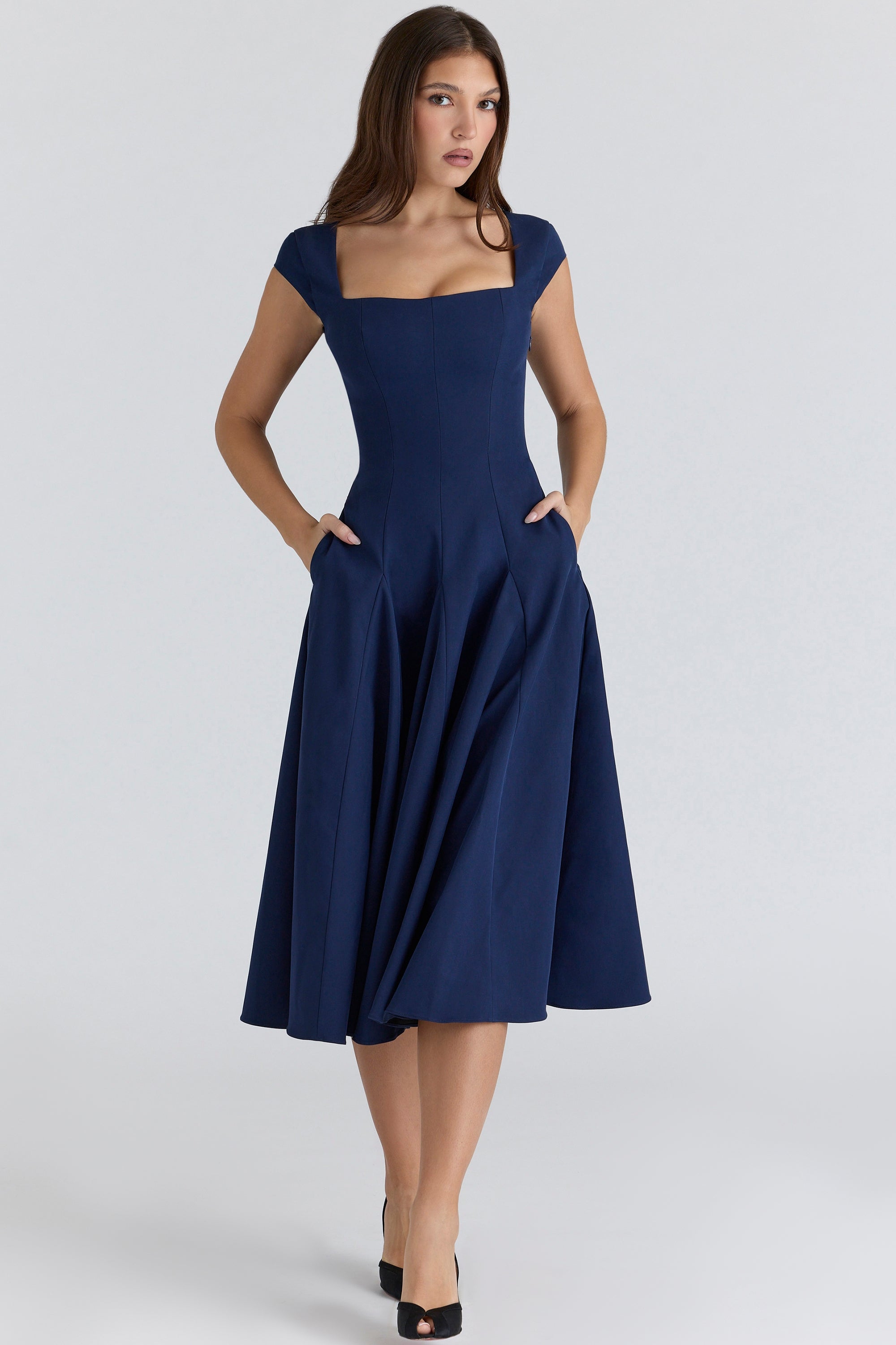 navy lace back twill midi dress