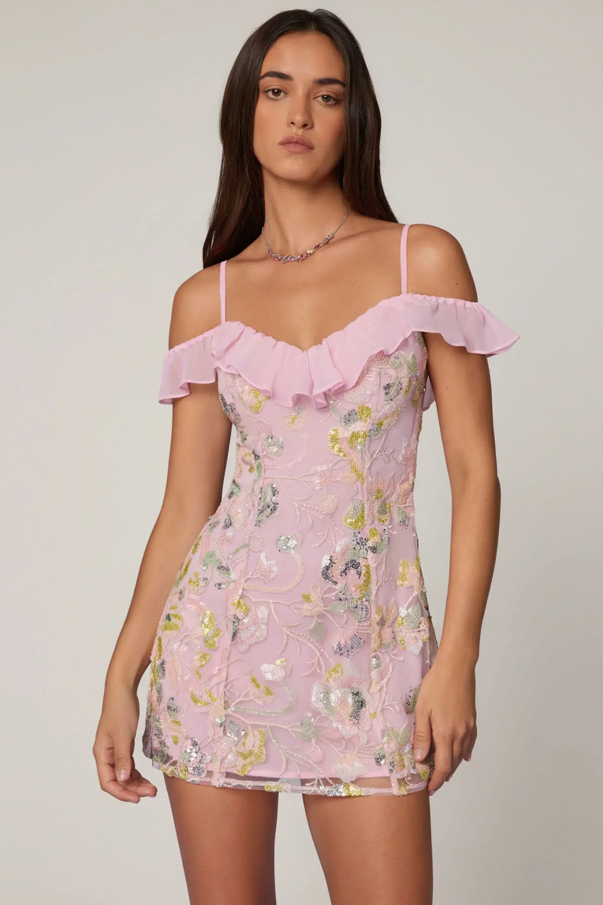 Embellished Lace-Up A-Line Mini Dress in Soft Pink