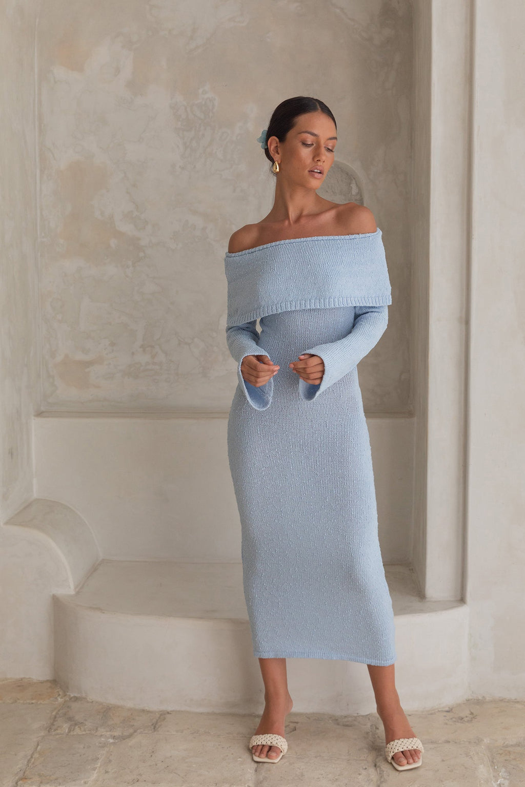 Cabana Crush Off Shoulder Knit Midi Dress Blue