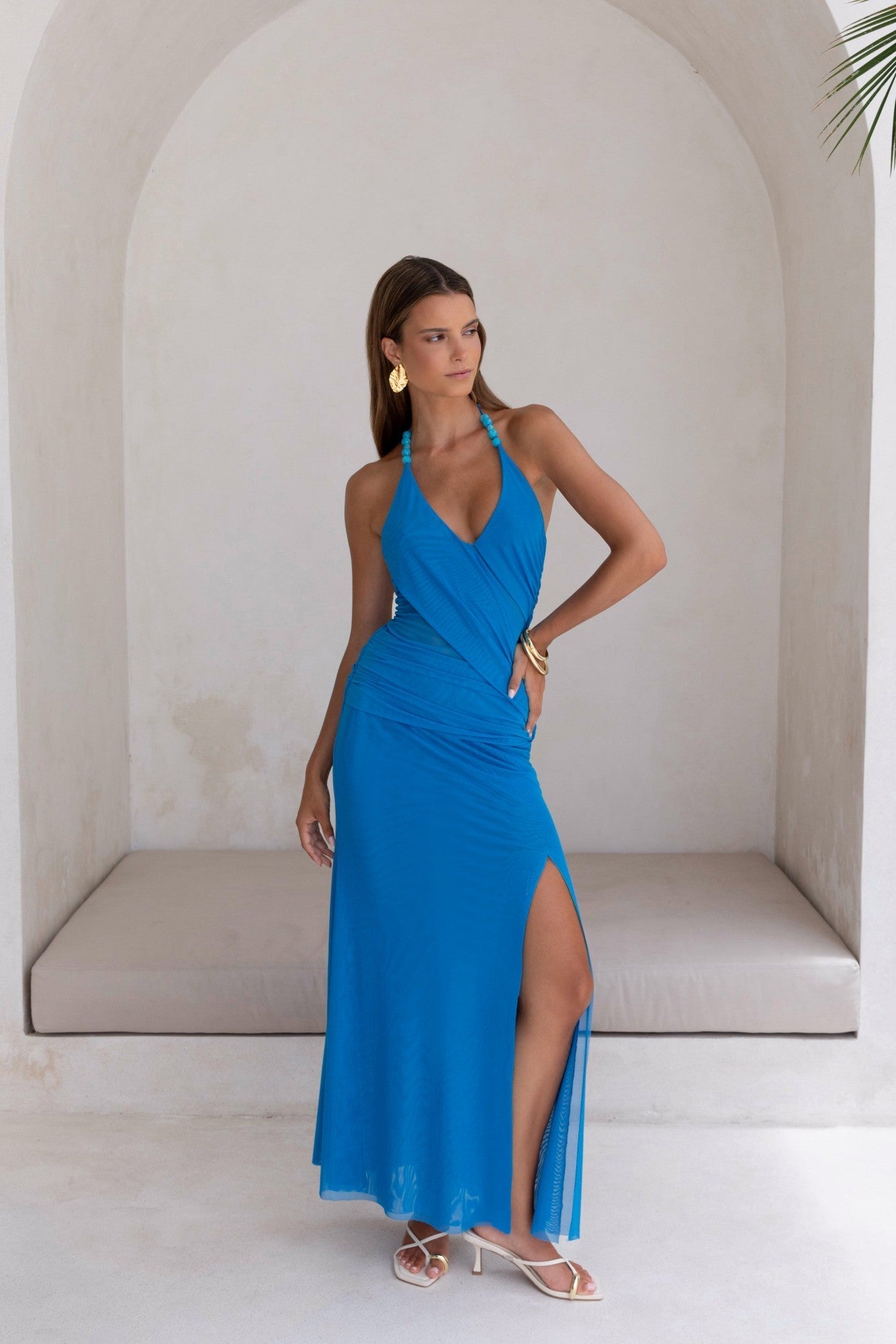 Kiss And Tell Mesh Halter Maxi Dress Blue