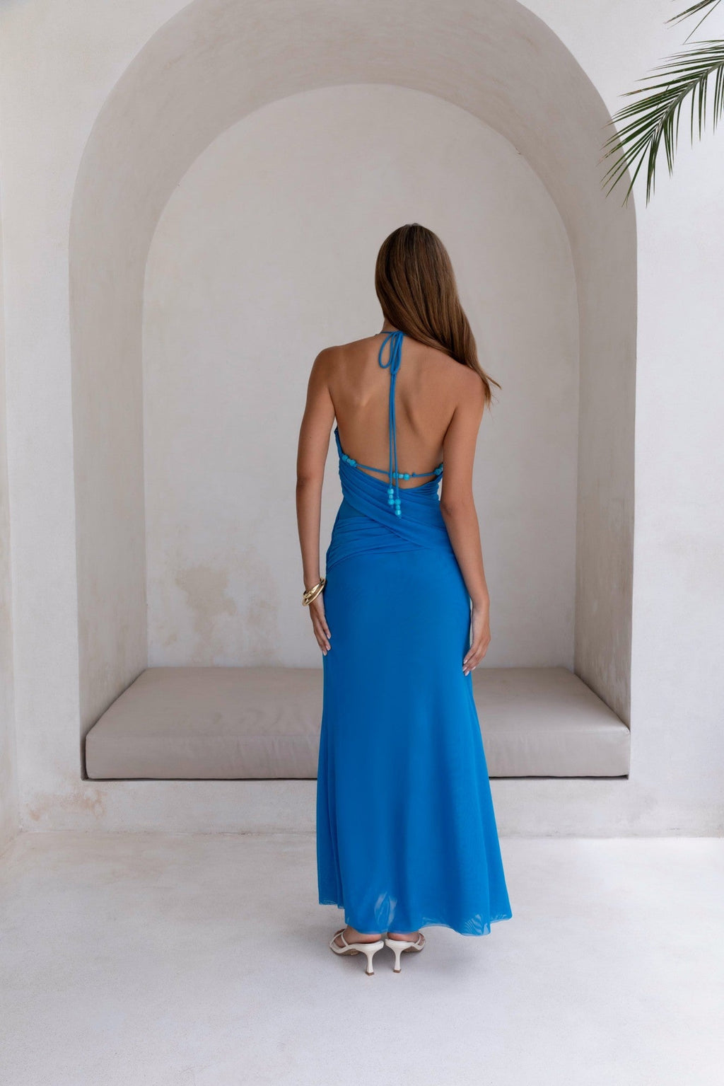 Kiss And Tell Mesh Halter Maxi Dress Blue