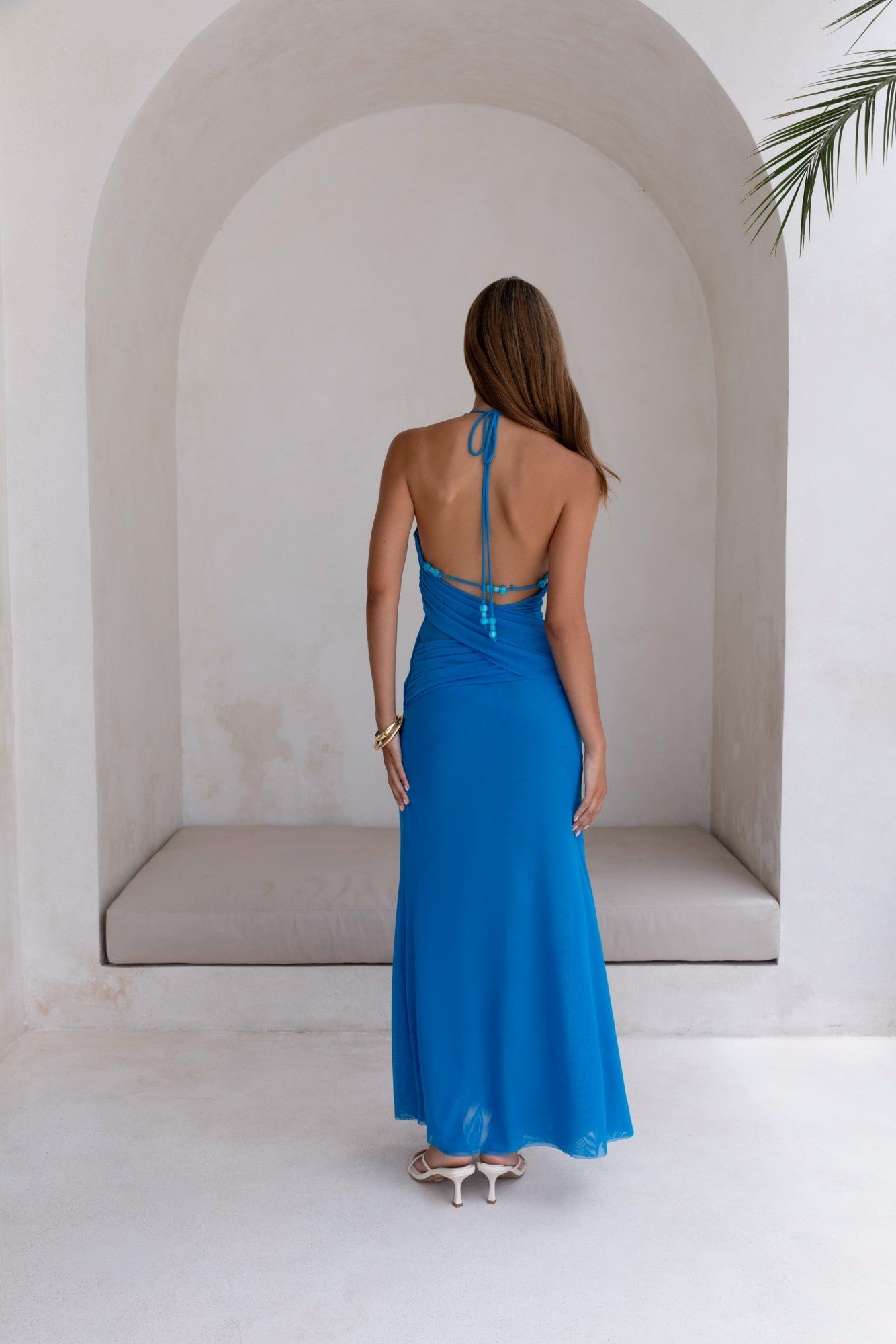 Kiss And Tell Mesh Halter Maxi Dress Blue