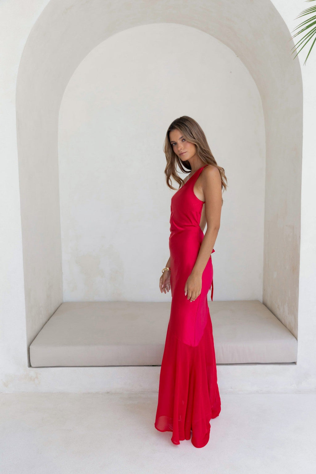 Chase The Thrill One Shoulder Satin Maxi Dress Red