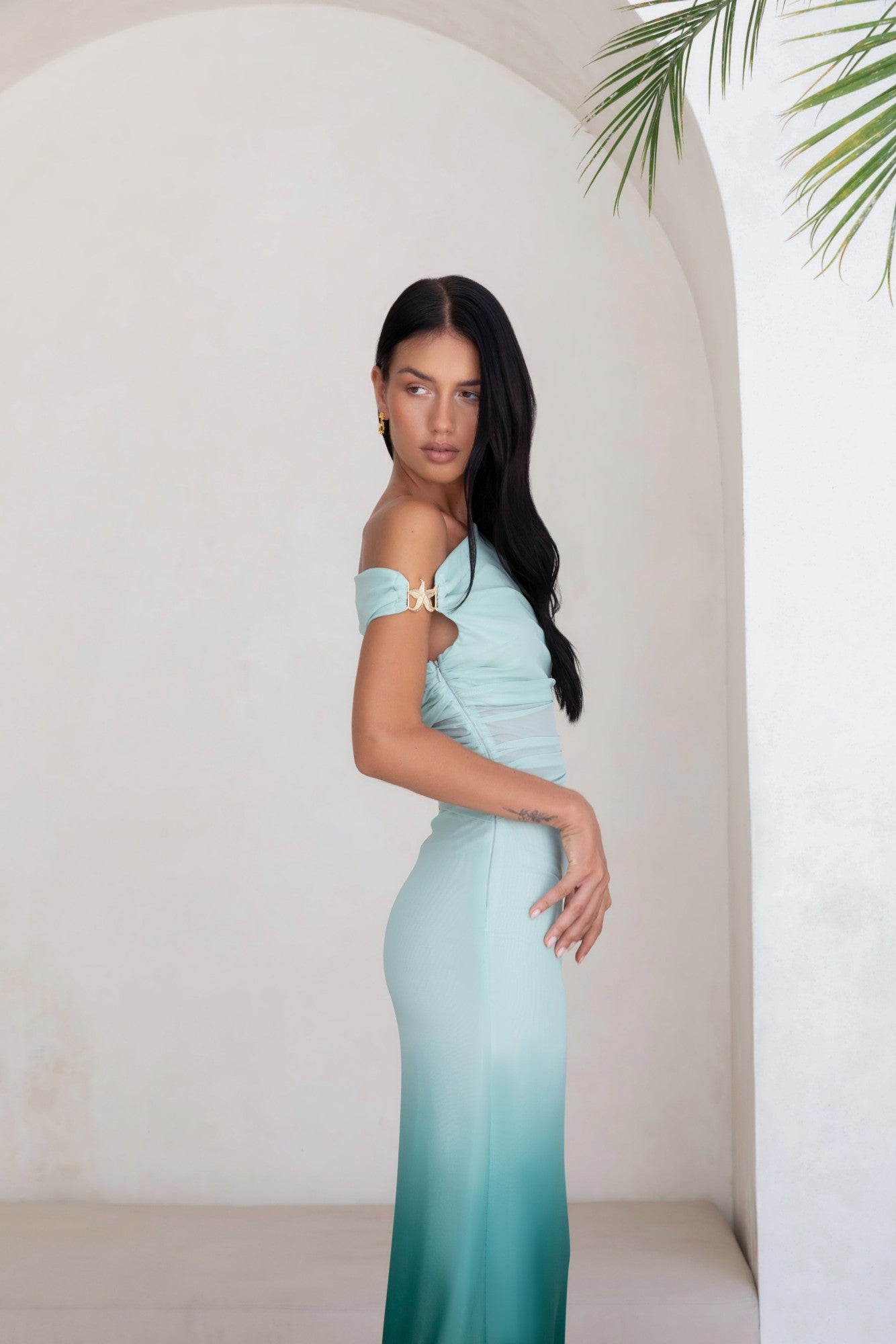 Soft Shades Off The Shoulder Mesh Maxi Dress Green