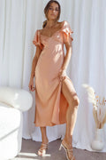 Park Avenue Flutter Sleeve Side Split Midi Dress Apricot