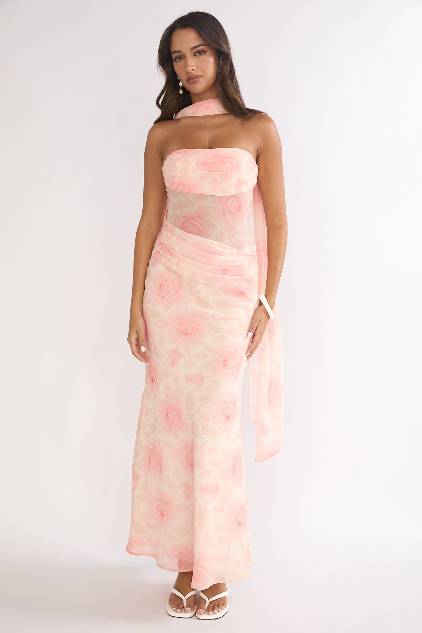 Unforgettable Day Drape Waist Strapless Maxi Dress Roses Floral
