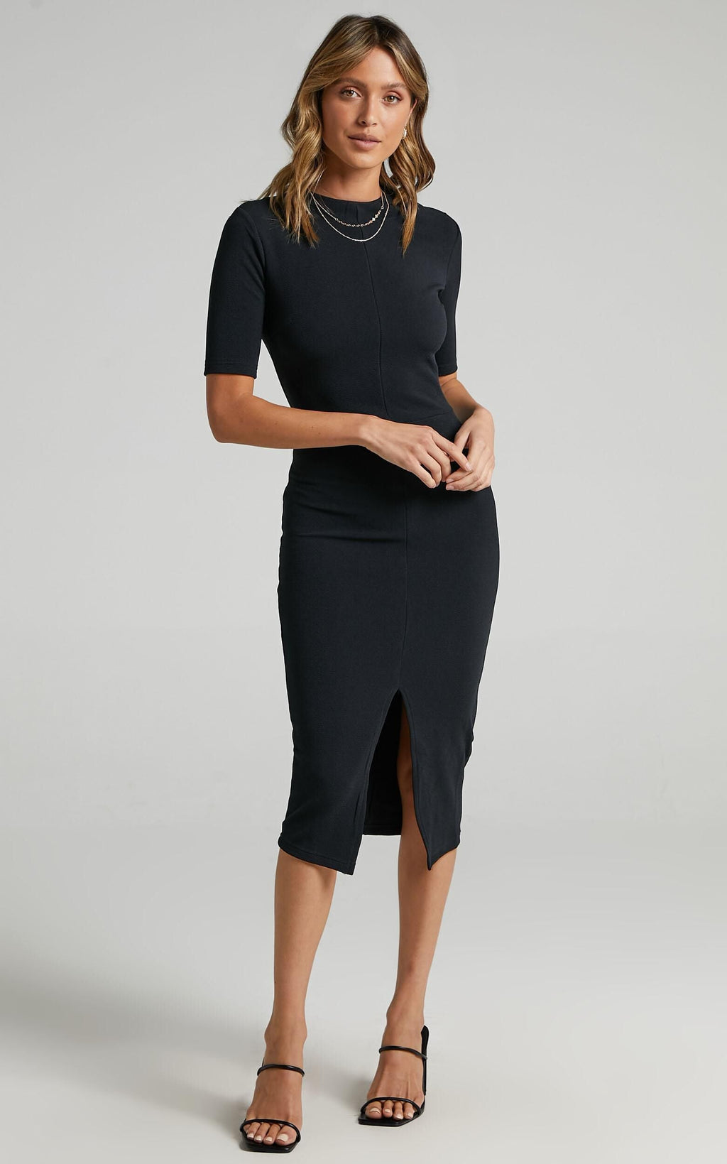 Tall Tales Midi Dress - Bodycon Centre Split Dress in Black