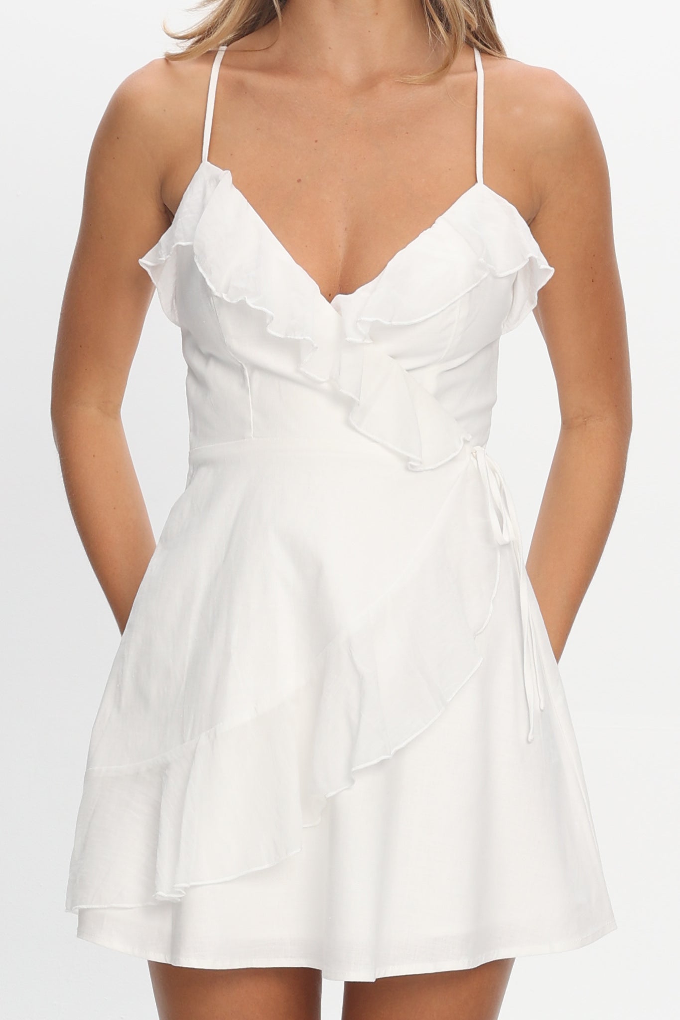 Clyde Wrap Ruffle Mini Dress White