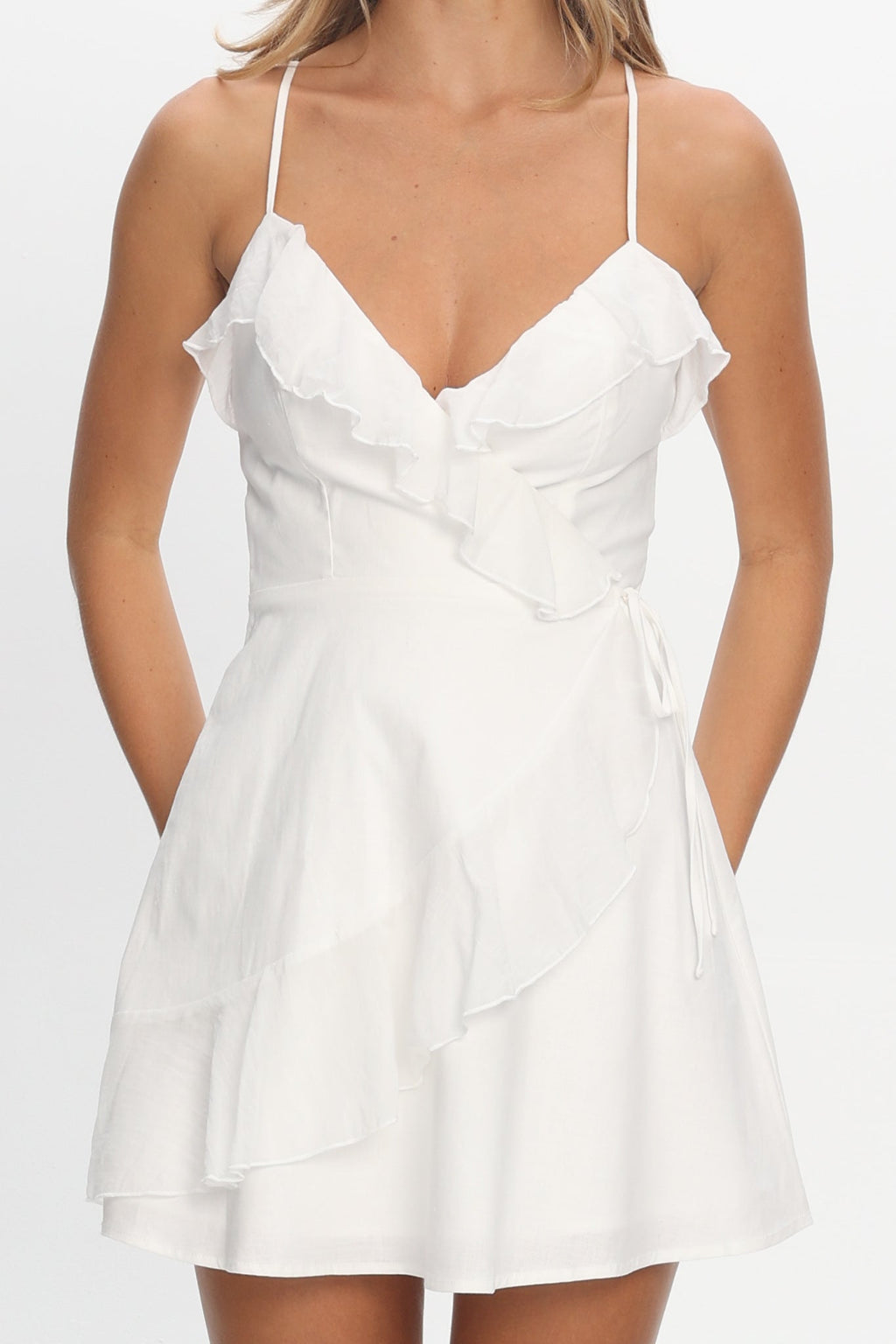 Clyde Wrap Ruffle Mini Dress White