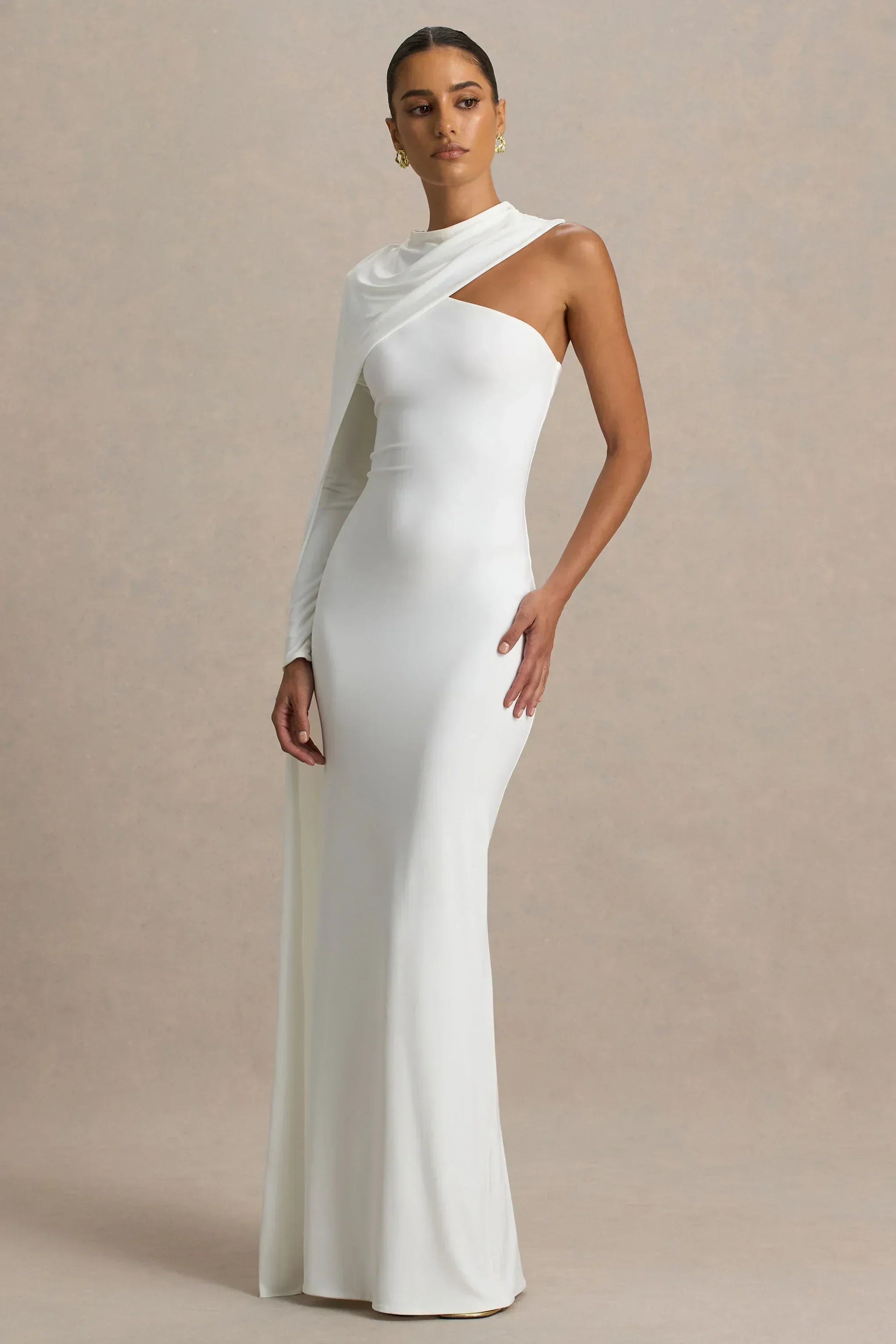 Dawn | Cream High-Neck Maxi Dress With One Long-Sleeve And Cape