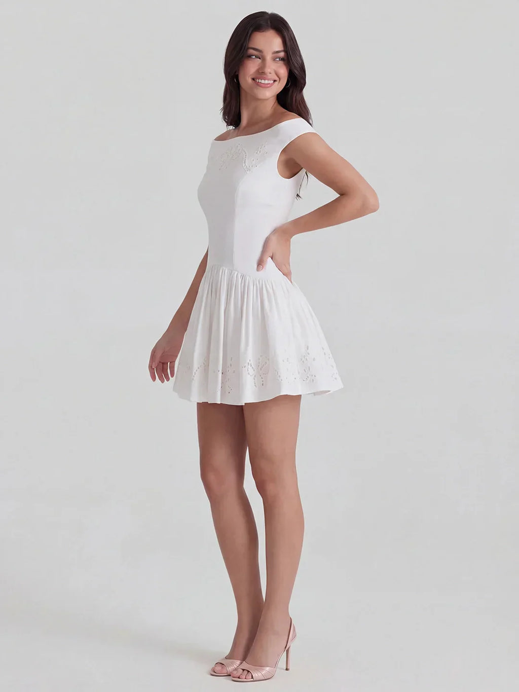 Chic Boat Neck Broderie Anglaise Dress