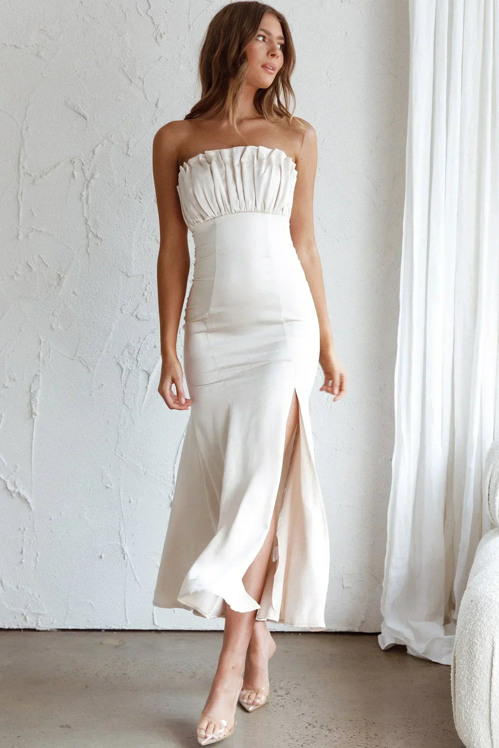Tivoli Strapless Gathered Bust Midi Dress Champagne