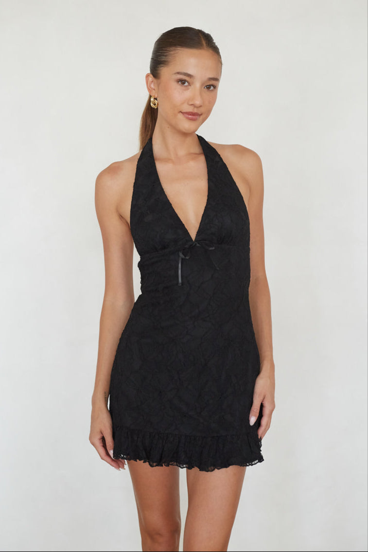 Fleur Lace Halter Ruffled Mini Dress