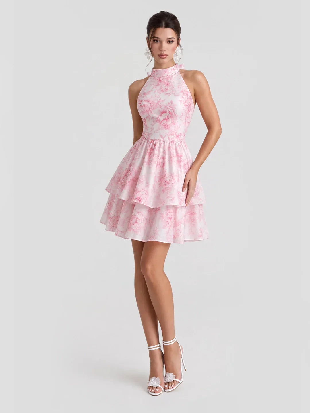 Floral Halterneck Back Bow Mini Dress