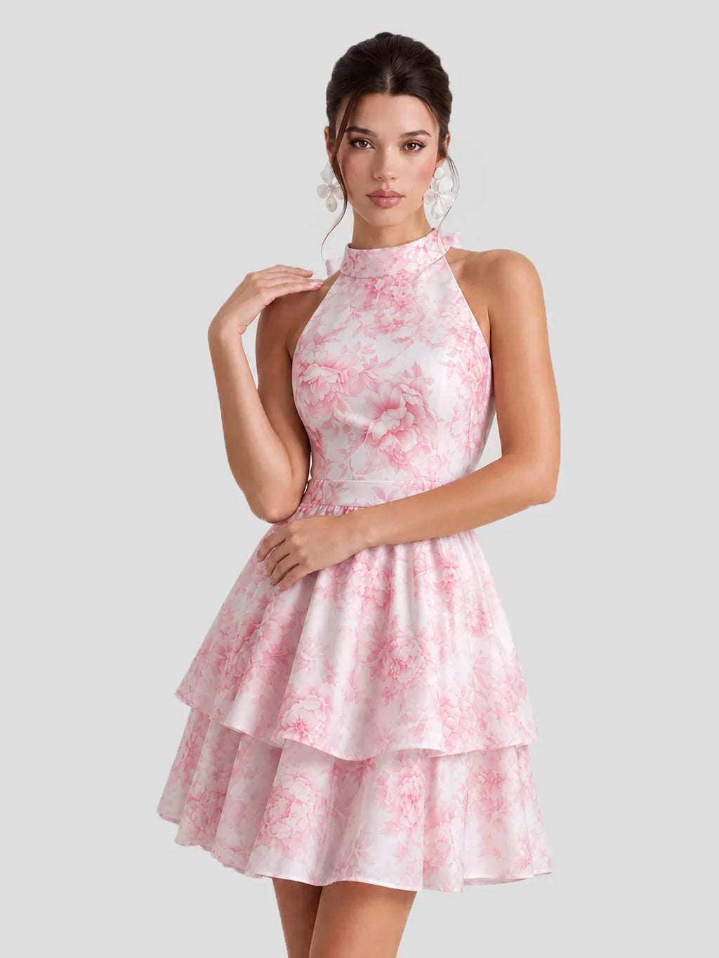Floral Halterneck Back Bow Mini Dress