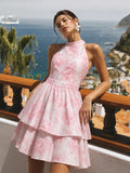 Floral Halterneck Back Bow Mini Dress
