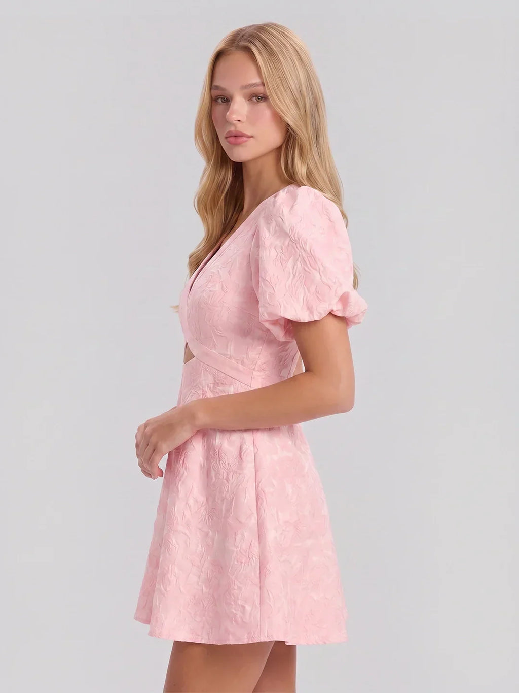 Floral Jacquard V Neck Fit and Flare Dress